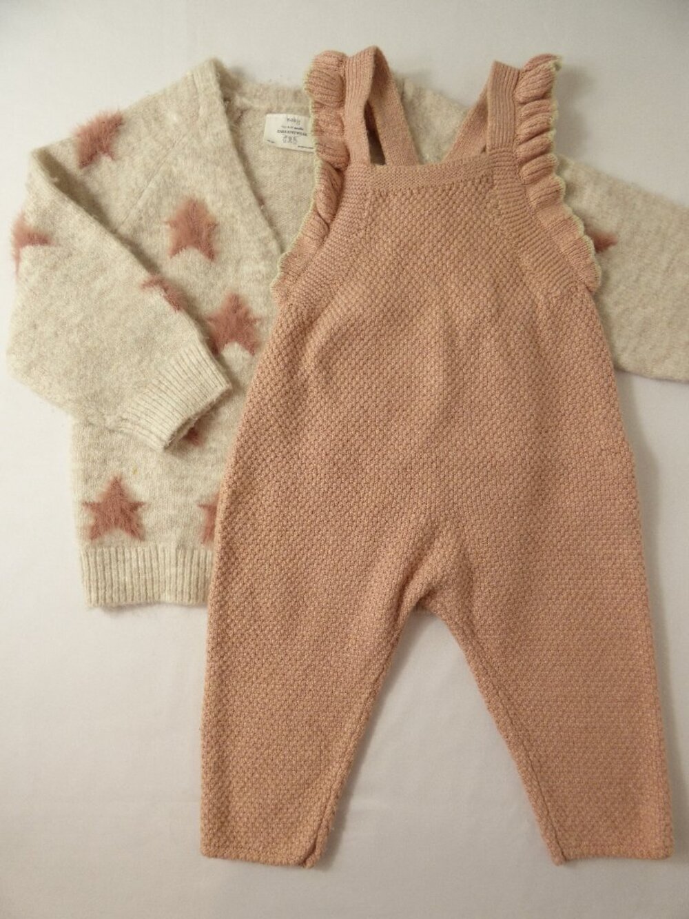 ZARA Baby Pink Knit Overalls and Star Cardigan Set, Size 9-12 Months